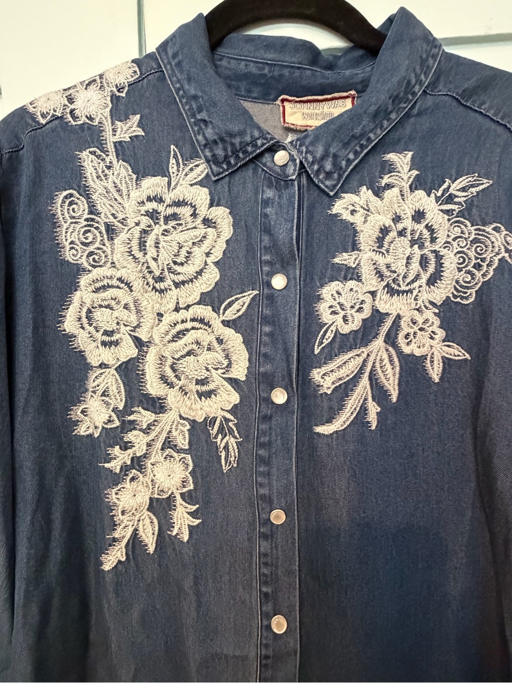 Johnny Was Blue Denim Shirt with White Embroidery - Picture 2 of 5